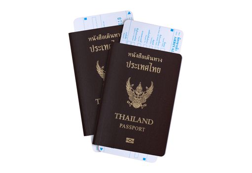 Tourist visa travel industry concept: Thailand passport for Thai population people with arrival and departure card from Thai immigration bureau, isolate on white background with clipping path