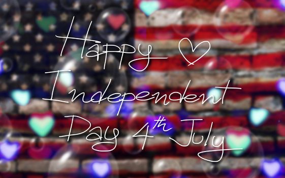 Fourth of July. Happy Independence Day of the USA on America flag background poster with heart bokeh