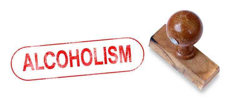 Top view of a rubber stamp with a giant word "ALCOHOLISM" printed, isolated on white background.
