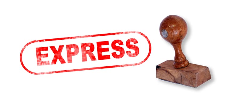 Top view of a rubber stamp with a giant word "EXPRESS" printed, isolated on white background.