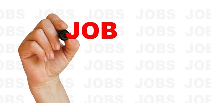 Hand writing Job with red marker on white background  with words jobs