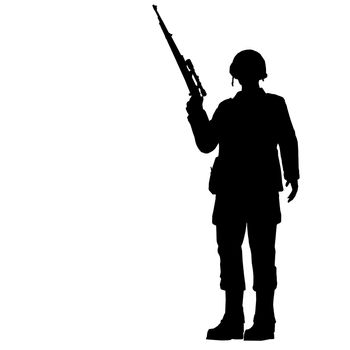 Silhouette of young soldier in military helmet