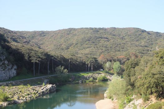 Gardon river, France. View from Pont du Gard