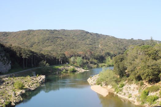 Gardon river, France. View from Pont du Gard