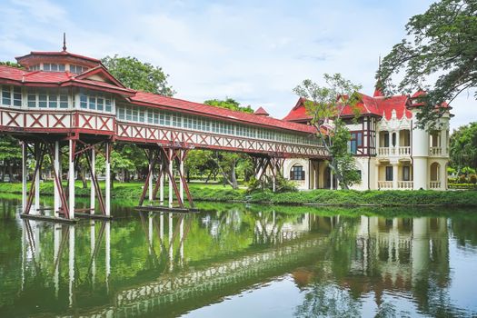 Mareerajaratanabulung Residence and Wooden Pathway connection in Sanamchandra Palace, Nakhon Pathom province, Thailand.