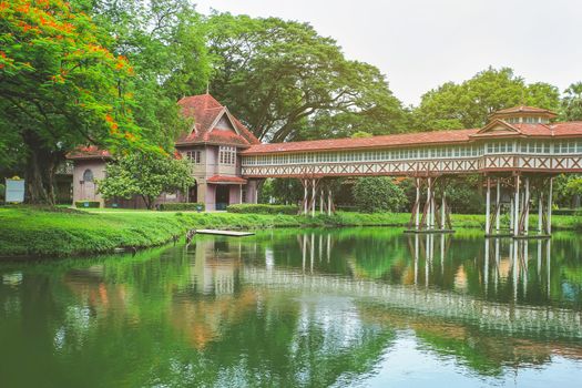 Mareerajaratanabulung Residence and Wooden Pathway connection in Sanamchandra Palace, Nakhon Pathom province, Thailand.