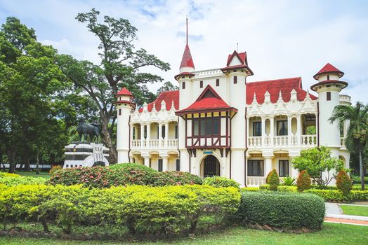 The Charliemongkolasana Residence and Jarlet dog statue are located in Sanamchandra Palace, Nakhon Pathom province, Thailand. Built in 1908 as French renaissance and English half-timber.