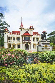 The Charliemongkolasana Residence and Jarlet dog statue are located in Sanamchandra Palace, Nakhon Pathom province, Thailand. Built in 1908 as French renaissance and English half-timber.