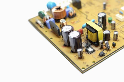 Closed up shot of Broken, damaged integrated circuit on printed circuit board.