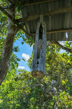 Wooden bells kulkul. A wooden bell with a mallet made from a tree trunk hung on a beam between trees on Bali Island. Balinese Hindus make bells of wood and place them near temples