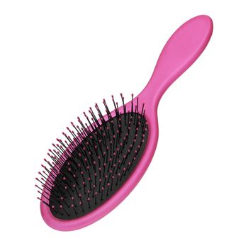 Pink and black hair brush on white background