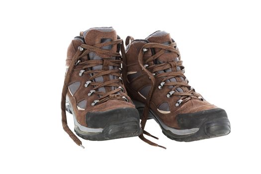 Brown hiking boots isolated on a white background