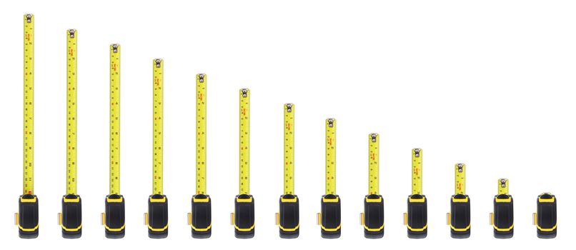 13 Yellow steel rules isolated on white background with clipping path