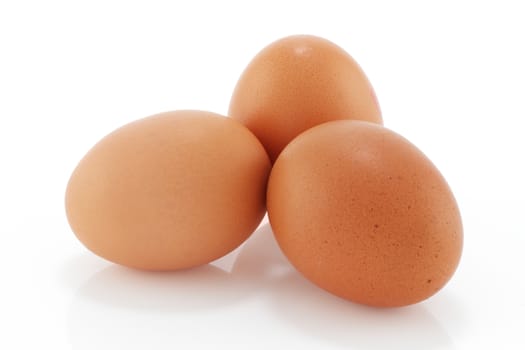 Three brown chicken eggs on a white background