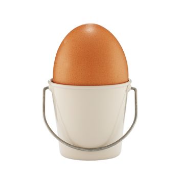An egg in a bucket shaped eggcup on white with clipping path