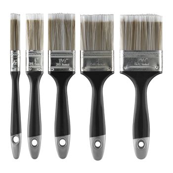 A set of five decorators paint brushes on white with clipping path