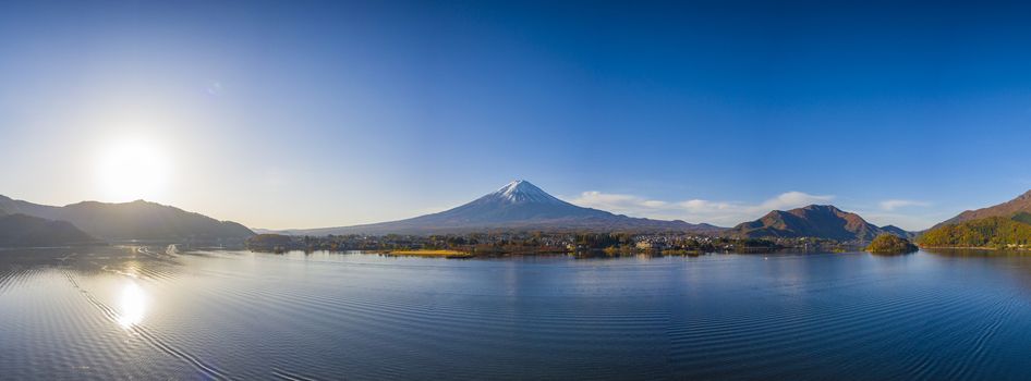 Aerial view panorama of mount Fuji in city at Kawaguchiko lake, Yamanashi, Japan. Fujisan on morning.