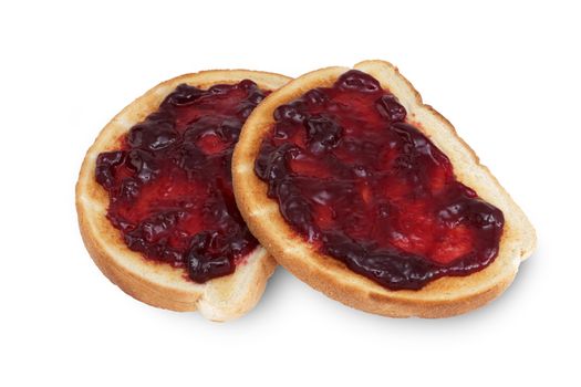 Slices of toast with raspberry jam jelly isolated on white with clipping path