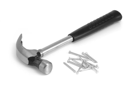 Claw hammer and nails on a white background