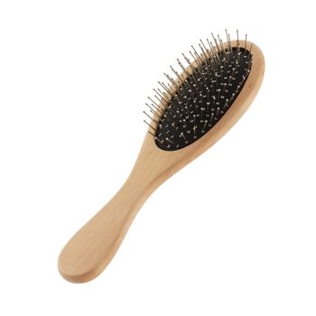 A wood hairbrush angled top right isolated on white with clipping path