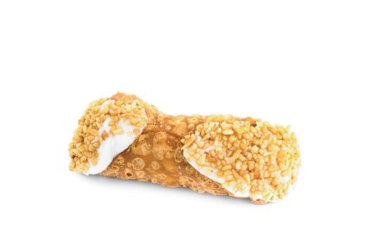 Sicilian Cannoli with ricotta and grains of hazelnut, isolated on a white background. Typical Sicilian sweet.