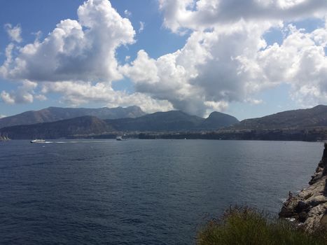 Aerial view of the coastline of Sorrento and Gulf of Naples, Italy - This area is famous for the lemons and the production of limoncello - Italy