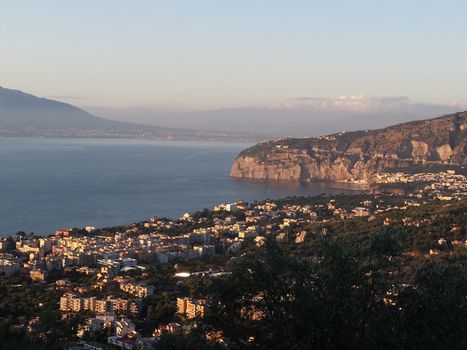 Aerial view of the coastline of Sorrento and Gulf of Naples, Italy - This area is famous for the lemons and the production of limoncello - Italy