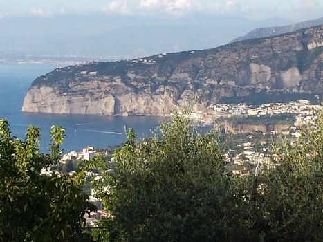 Aerial view of the coastline of Sorrento and Gulf of Naples, Italy - This area is famous for the lemons and the production of limoncello - Italy