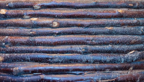 Texture of mixed birch branches splitted in halves. Wooden background for copy space, close up