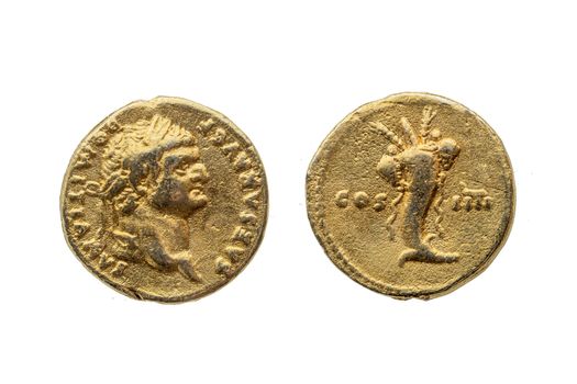 Roman gold aureus replica coin reverse of Roman Emperor Domitian AD 81-96  portrait obverse cornucopia (horn of plenty) reverse cut out and isolated on a white background