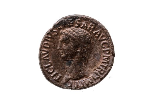 Roman As Replica Coin of  Roman Emperor Claudius 10 BC- 54 AD  obverse isolated on a white background