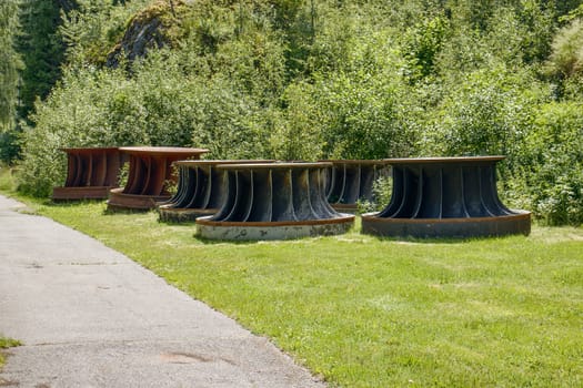 Old waterwheels from hydro turbines