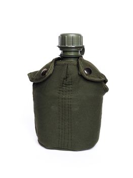 Green military water bottle for hiking, camping. Isolated on white background.