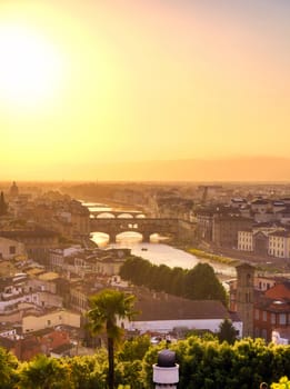 An aerial view of Florence, Italy and Florence Cathedral.