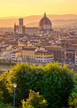 An aerial view of Florence, Italy and Florence Cathedral.