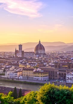 An aerial view of Florence, Italy and Florence Cathedral.