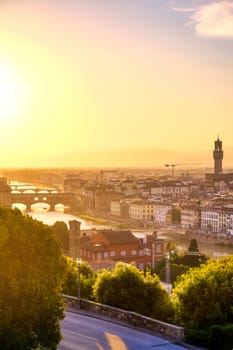 An aerial view of Florence, Italy towards the Ponte Vecchio.