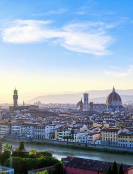 An aerial view of Florence, Italy and Florence Cathedral.