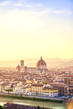 An aerial view of Florence, Italy and Florence Cathedral.