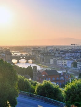 An aerial view of Florence, Italy towards the Ponte Vecchio.