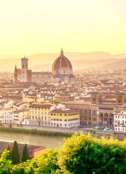 An aerial view of Florence, Italy and Florence Cathedral.