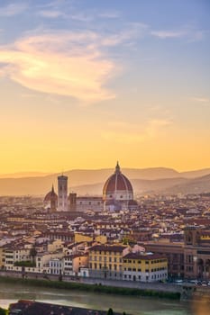 An aerial view of Florence, Italy and Florence Cathedral.