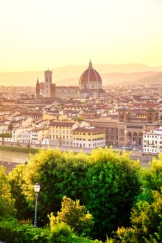 An aerial view of Florence, Italy and Florence Cathedral.