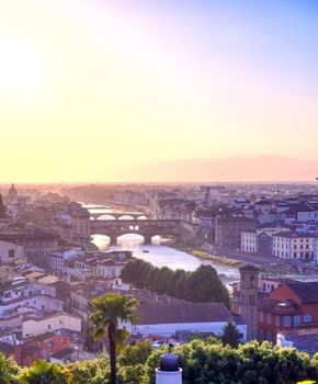 An aerial view of Florence, Italy towards the Ponte Vecchio.