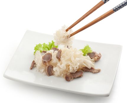 Marinated Korean-style snow fungus on the white plate