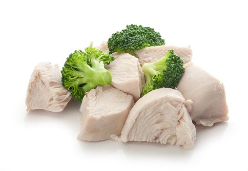 Isolated handfull of prepared chicken pieces with fresh green broccoli