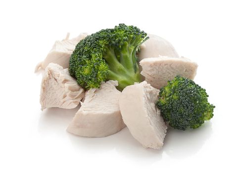 Isolated handfull of prepared chicken pieces with fresh green broccoli