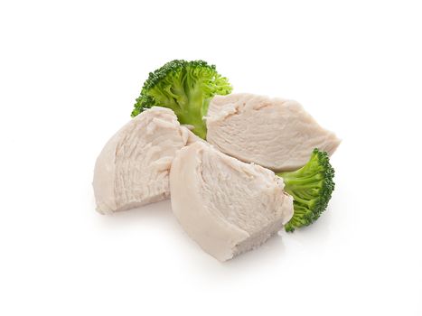 Isolated handfull of prepared chicken pieces with fresh green broccoli