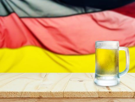 wooden table or mock up platform for interior decoration design or advertising decoration with German flag background,oktoberfest concept.