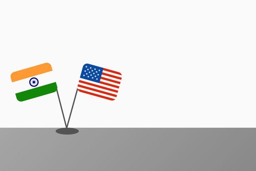 Illustration of Indian and American flags at table crossing each other on a white background with copy space